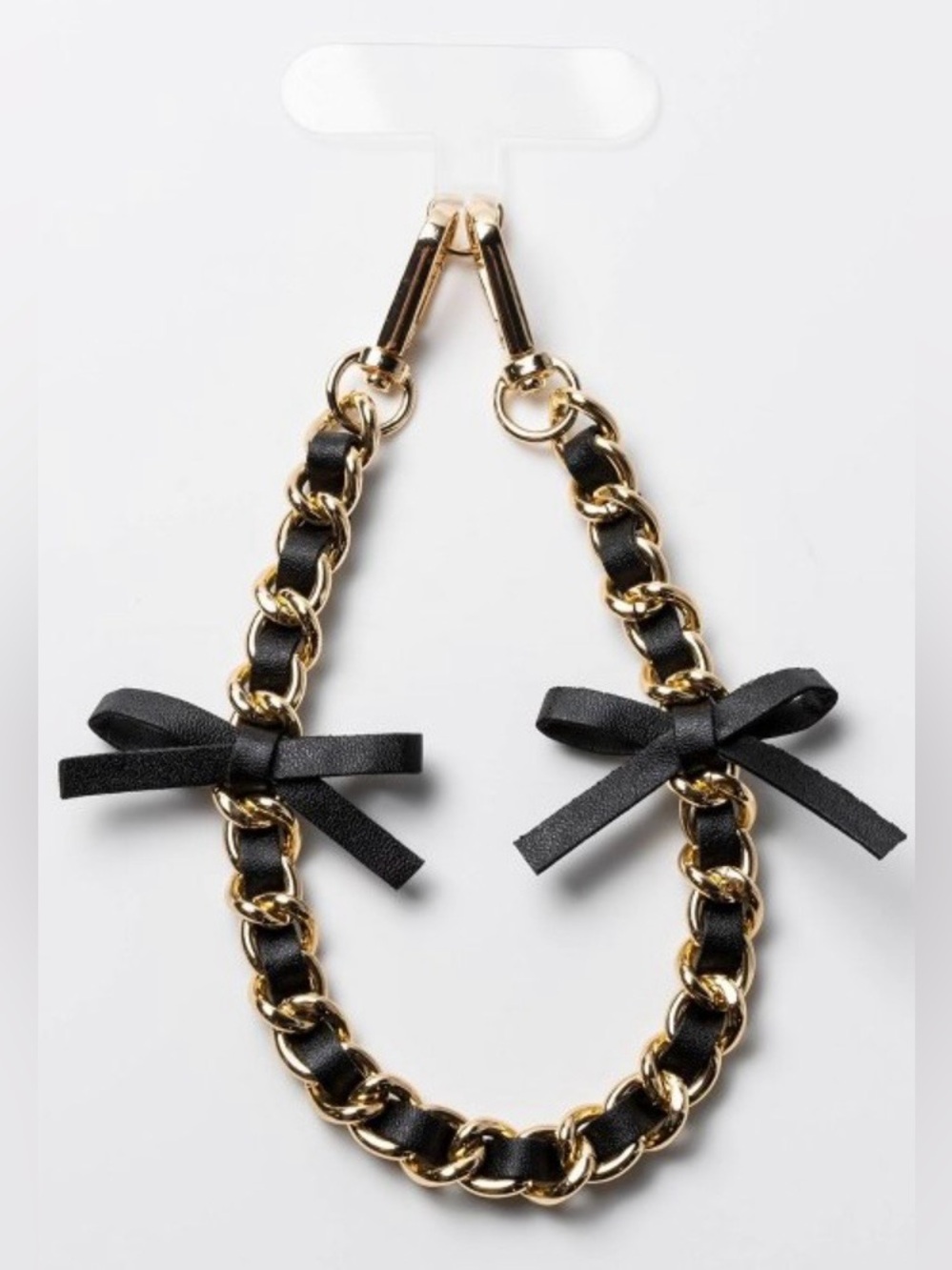 Phone Wristlet - Gold-Tone Chain and Black Faux Leather Ribbon Bow